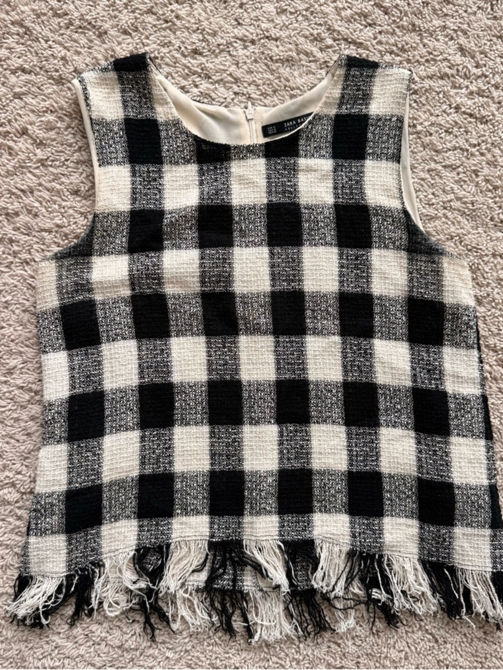 Zara Black and White Check Fringe Sleeveless Top